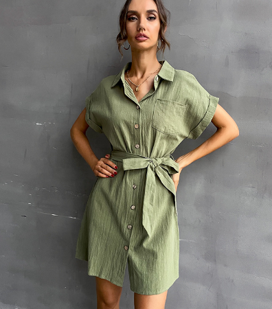 Belted Green Dress with Pocket and Collar Detail