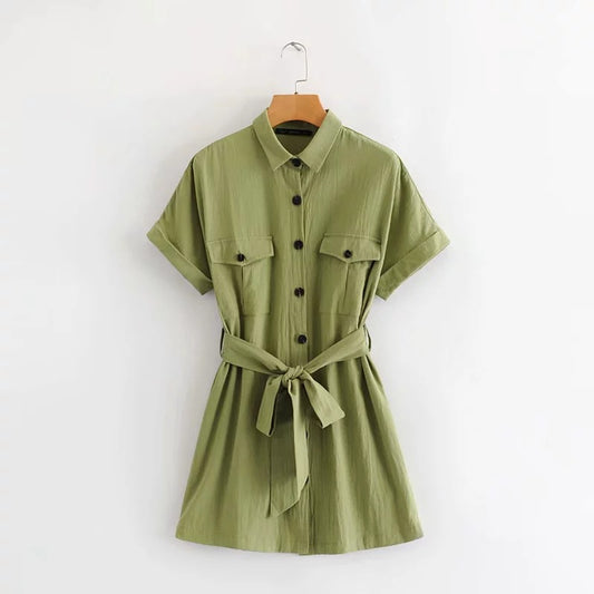 Belted Green Dress with Pocket and Collar Detail